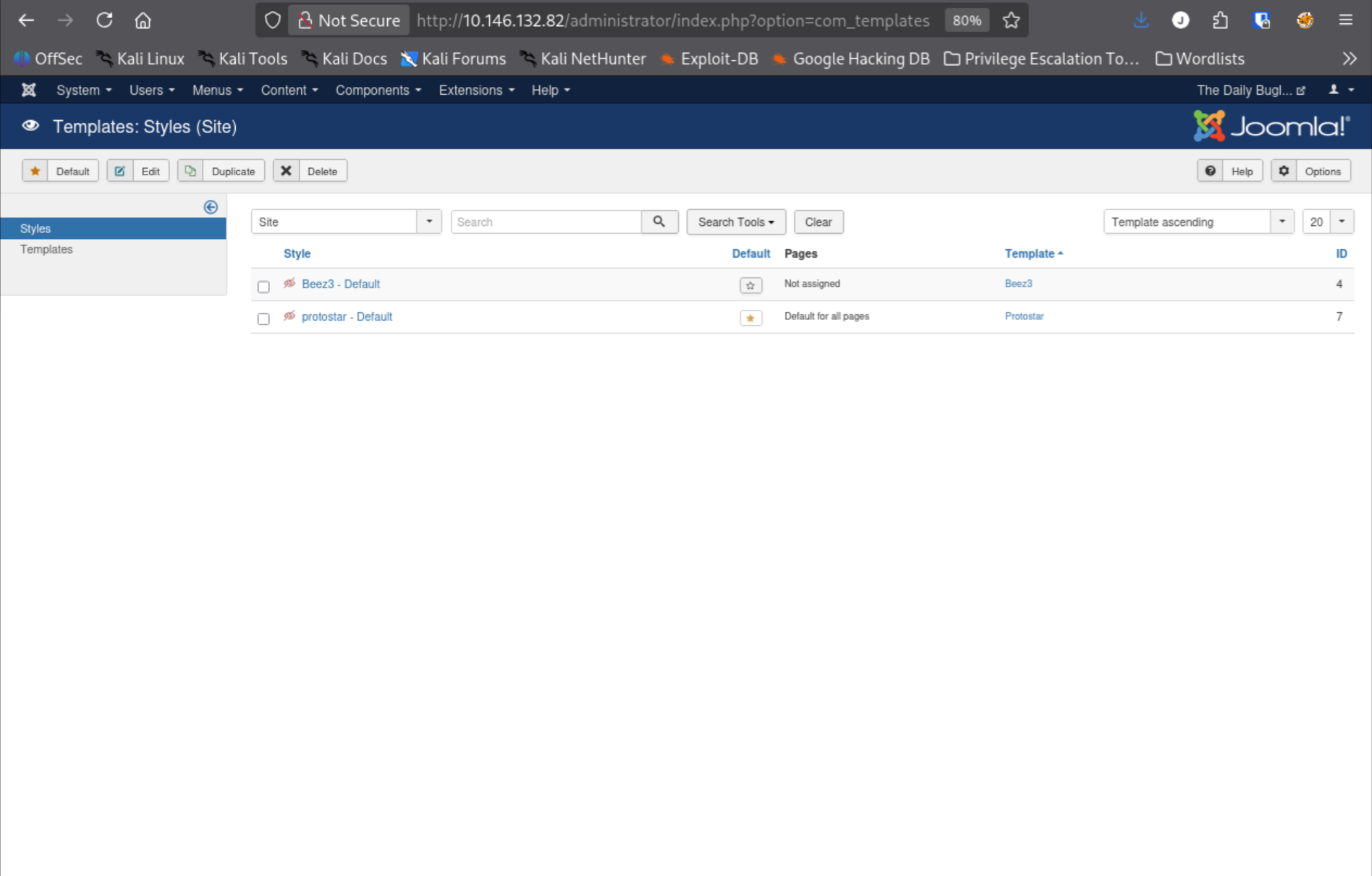 Joomla Templates: Styles page showing Prostar as active default template